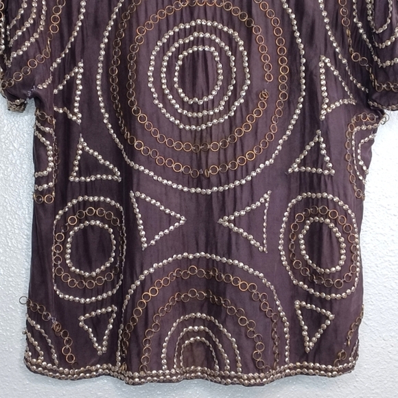 Haute Hippie 100% Silk Funky Boho Metal Embroidered Blouse - Picture 7 of 13